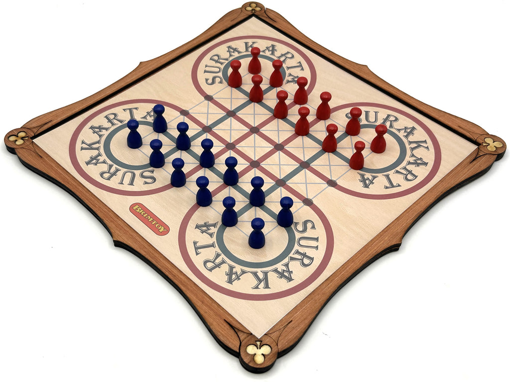 Wooden Surakarta board game set with red and blue pieces.