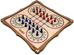 Wooden Surakarta board game set with red and blue pieces.