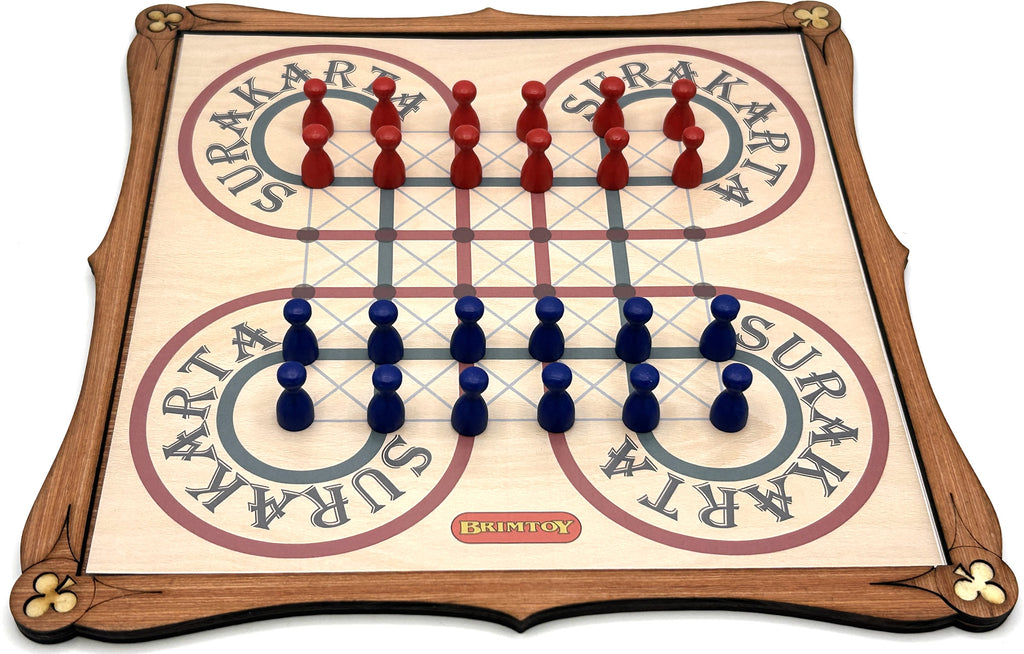 Wooden Surakarta board game set with red and blue pieces.