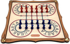 Wooden Surakarta board game set with red and blue pieces.