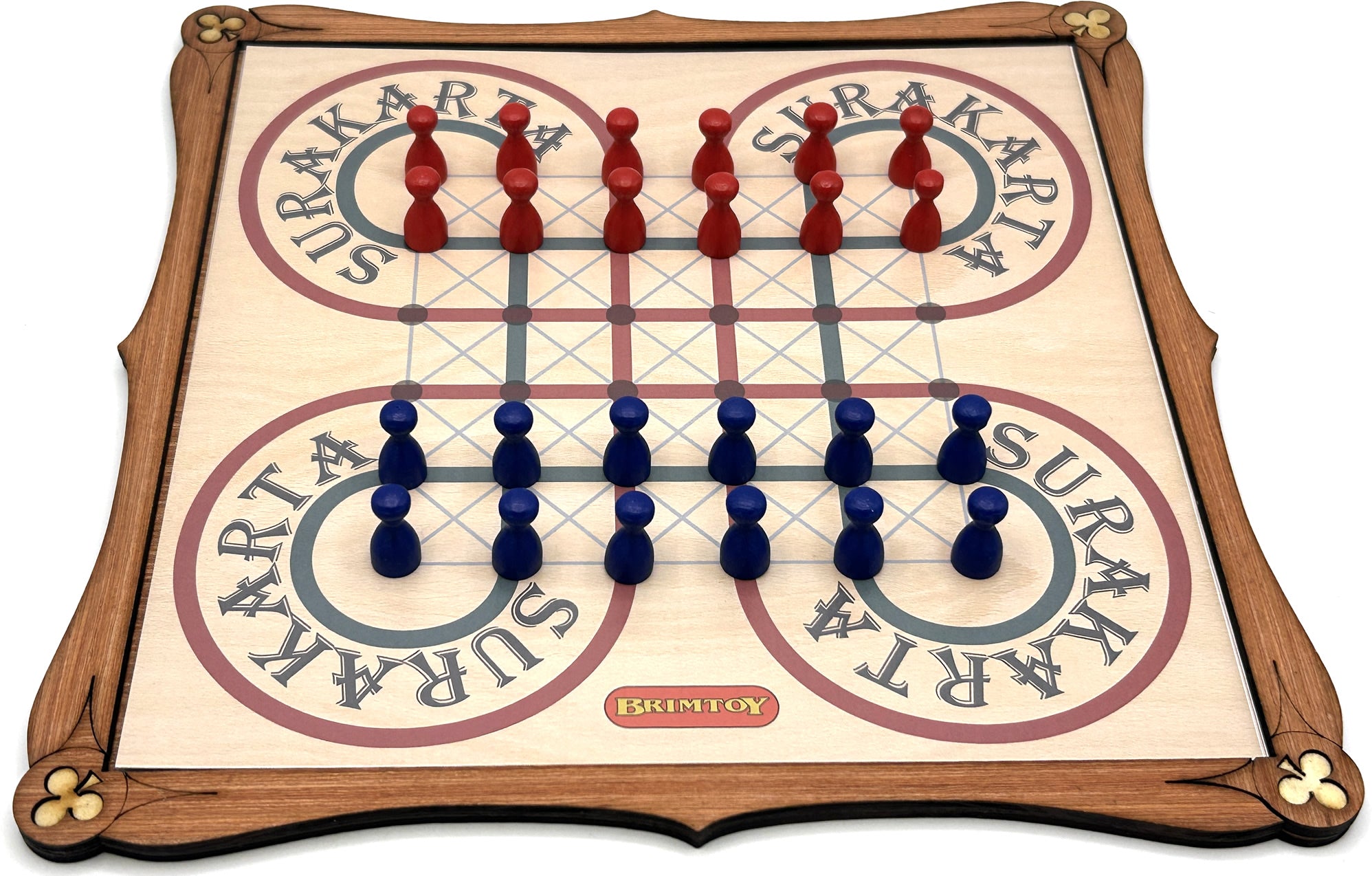 Wooden Surakarta board game set with red and blue pieces.