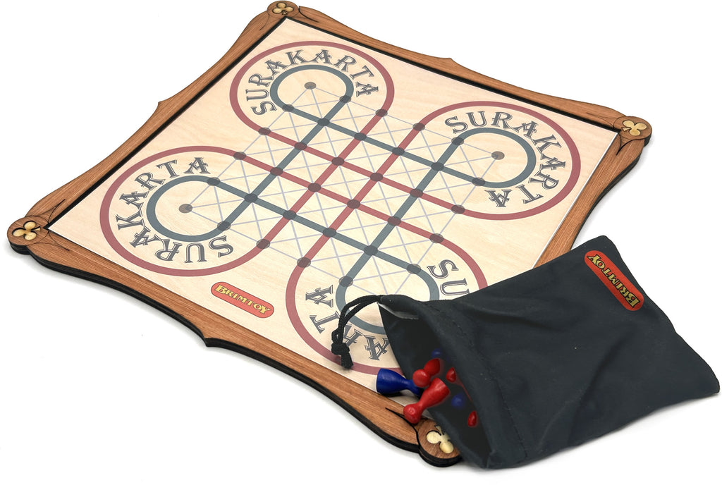 Wooden Surakarta board game set with red and blue pieces and bag for game pieces.
