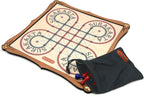 Wooden Surakarta board game set with red and blue pieces and bag for game pieces.