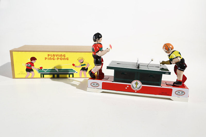 Table tennis players tin toy with colourful packaging