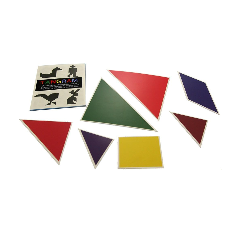 Set of tangram pieces with a booklt  labelled 'Tangram' 