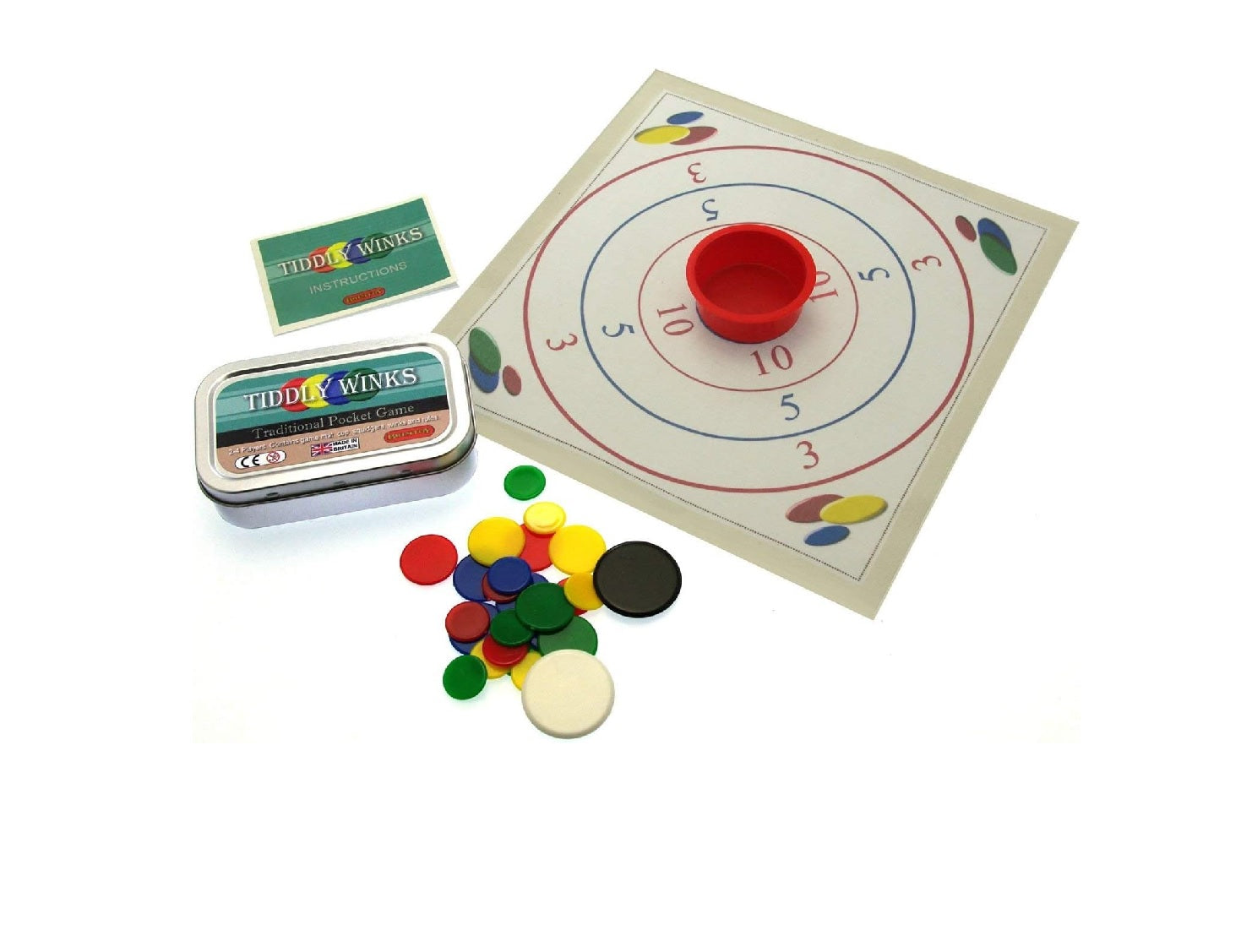 Pocket tiddlywinks game with instructions, counters, pot and playing mat