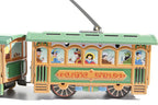 Close up of Tram & Wagon tin toy