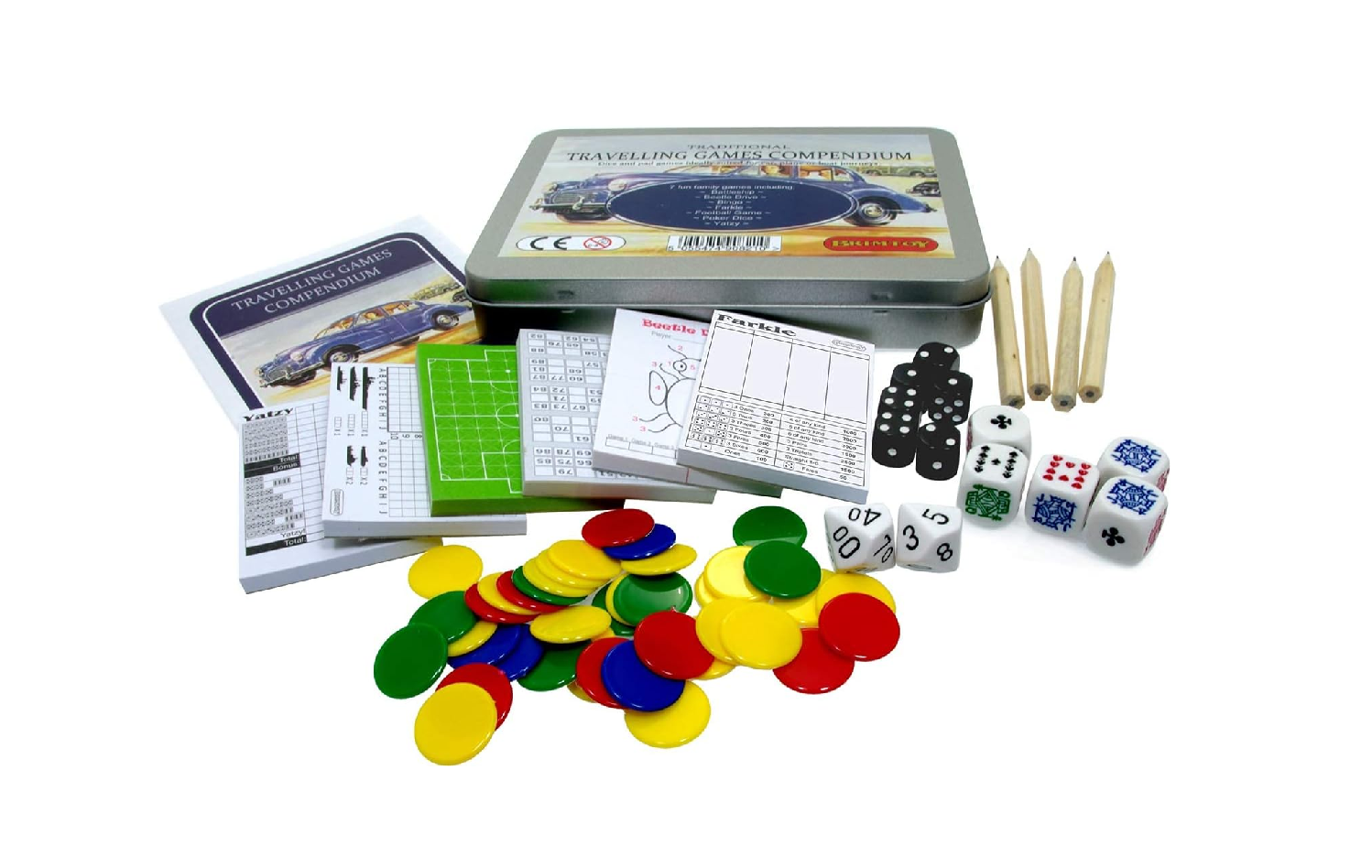 Travelling game compendium with instructions, score pads, dice, poker dice, bingo dice, pencils and counters