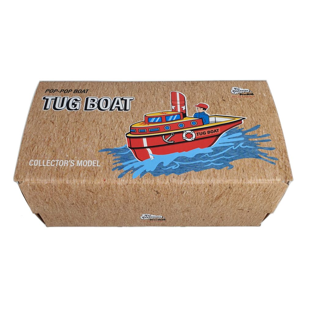 Tin Treasure's Pop Pop Tug Boat tin toy packaging