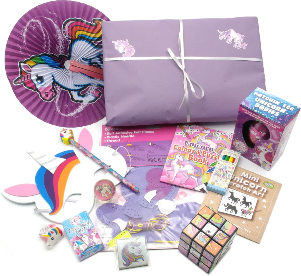Unicorn themed pass the parcel party game with unicorn toys
