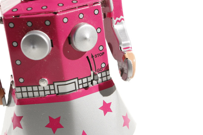 Venus robot tin toy  pink and silver with stop/go lever