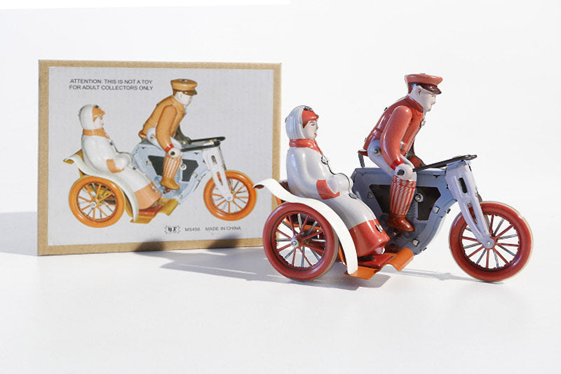 Vintage Motorcycle with Side Car tin toy with packaging
