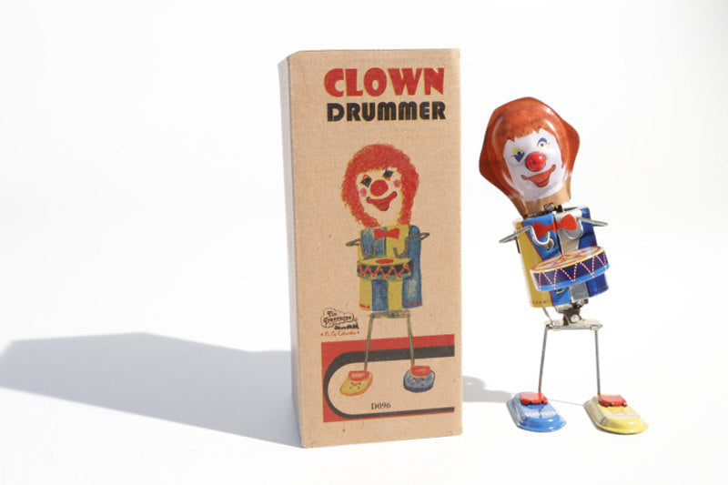 Welby Drumming Clown tin toy with packaging