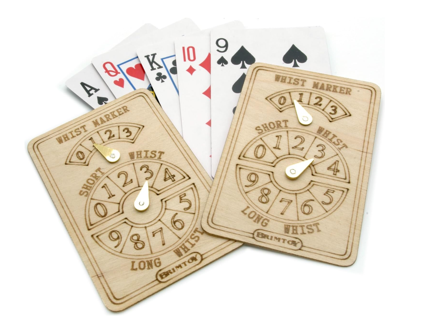 Two wooden whist markers with playing cards