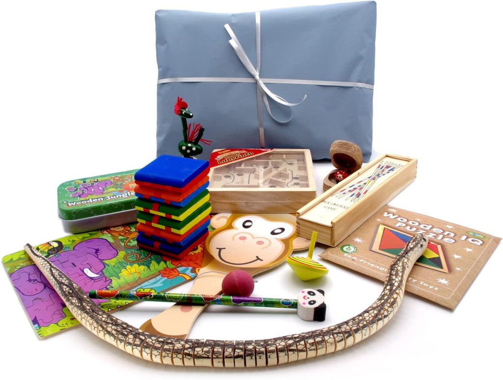 Wooden toy pass the parcel with a mix of wooden toys