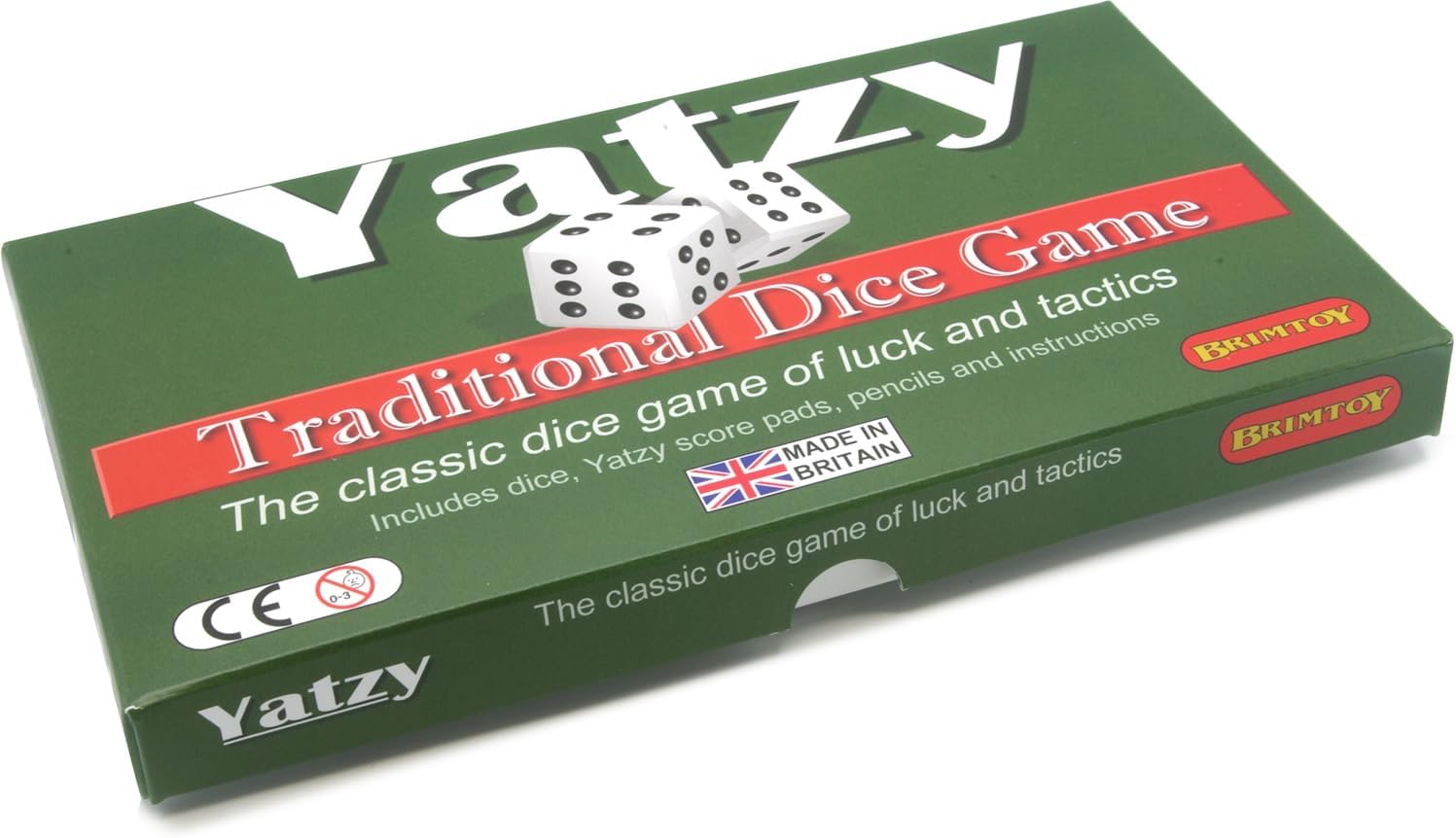 Yatzy dice game box with green and red design 