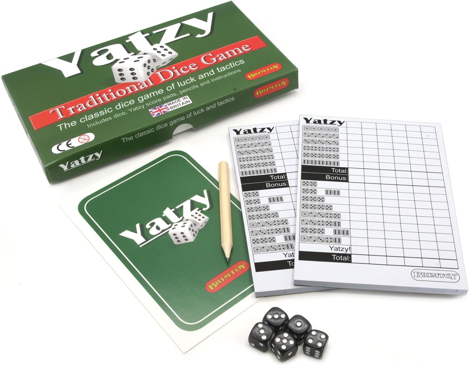 Yatzy dice game set with  dice, score pads,  pencil and instructions
