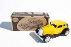 Yellow ol timer classic car tin toy  with packaging