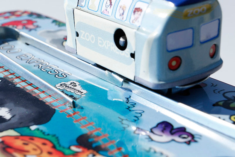 Close up of Zoo Express Train tin toy
